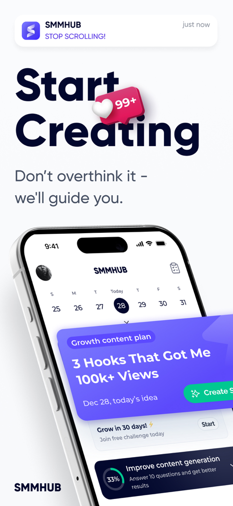 SMMHUB: Growth Marketing Tool - SMMHUB app interface showing a social media content planner with growth hooks and challenges on a smartphone screen.