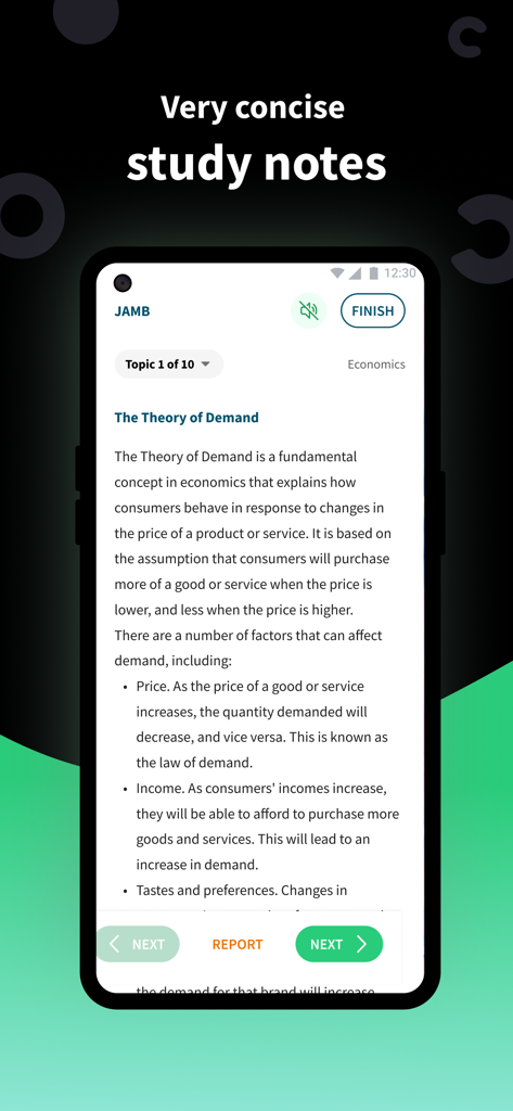 Class54 - JAMB CBT 2026 - Pantalla de la aplicación móvil que muestra notas de estudio concisas para la preparación del examen de Economía JAMB