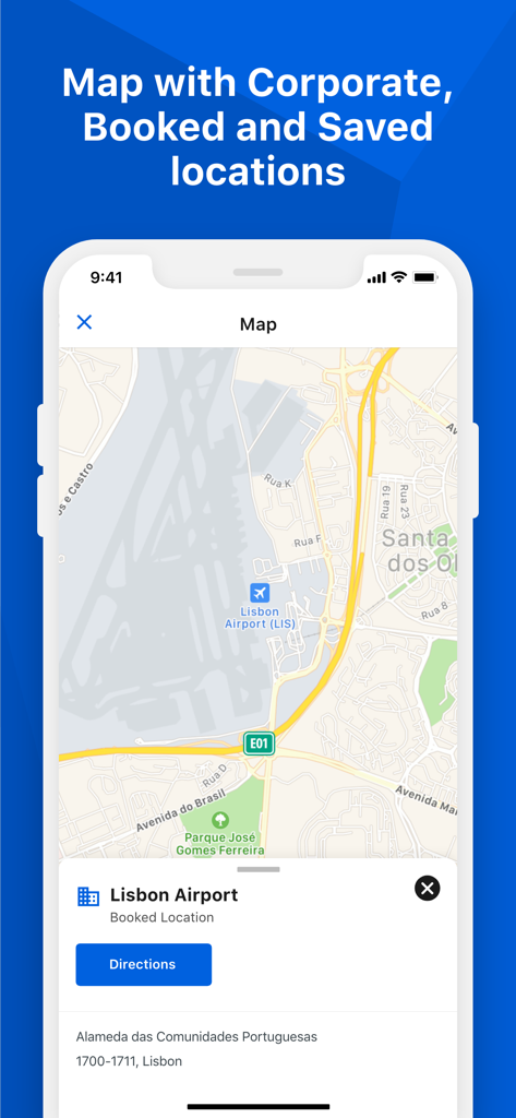 cytric Mobile - Cytric Mobile app screenshot showing an interactive map with corporate and booked locations like Lisbon Airport.
