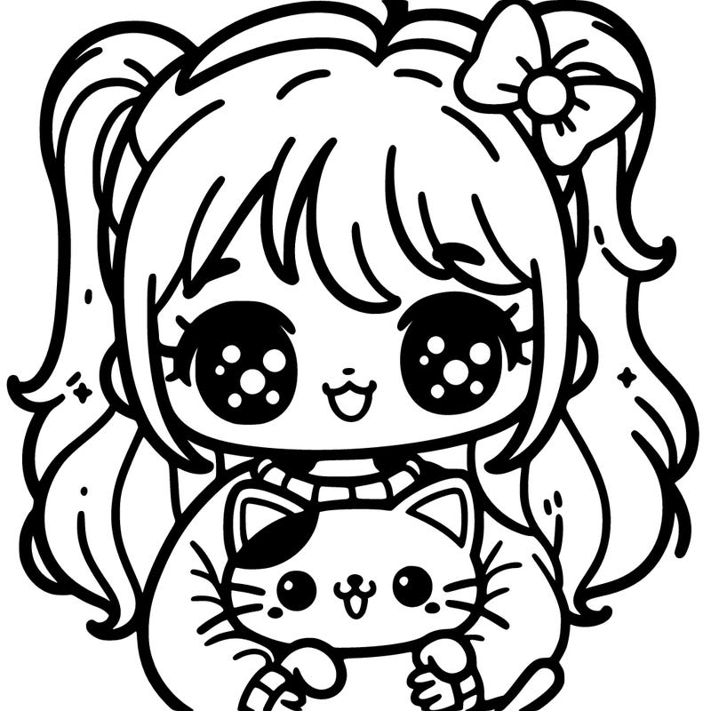 little girl holding is holding a kawaii cat