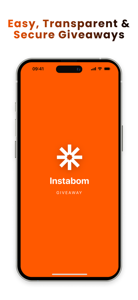Instabom - Instagram Giveaway - Tela de introdução do aplicativo de sorteios Instabom mostrando a frase Sorteios Fáceis, Transparentes e Seguros em um fundo laranja