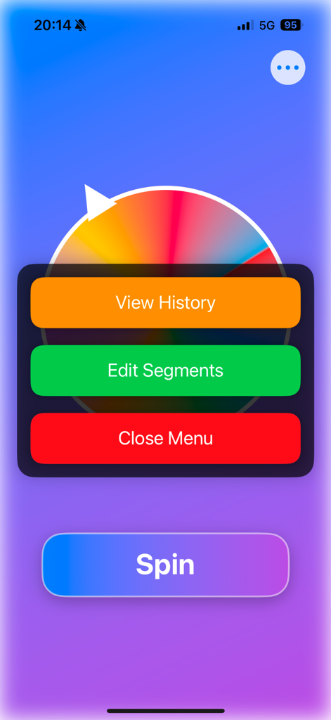 SpinSip - SpinSip mobile app interface showing the menu with history and edit options