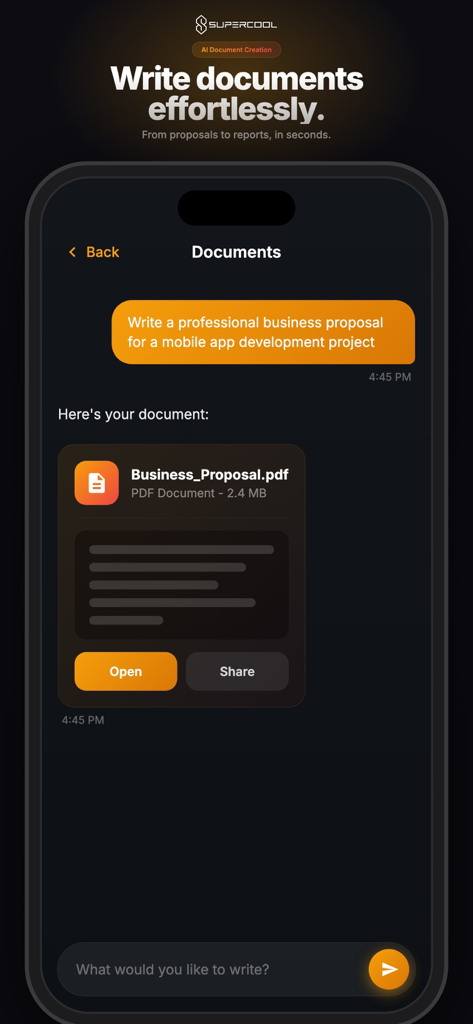 SuperCool - AI Agent - SuperCool AI Agent app interface showing a generated business proposal PDF document from a text prompt