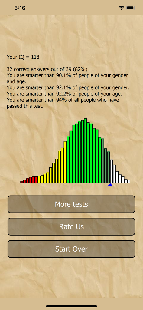 IQ test results screen showing a score of 118 and a bell curve intelligence distribution graph