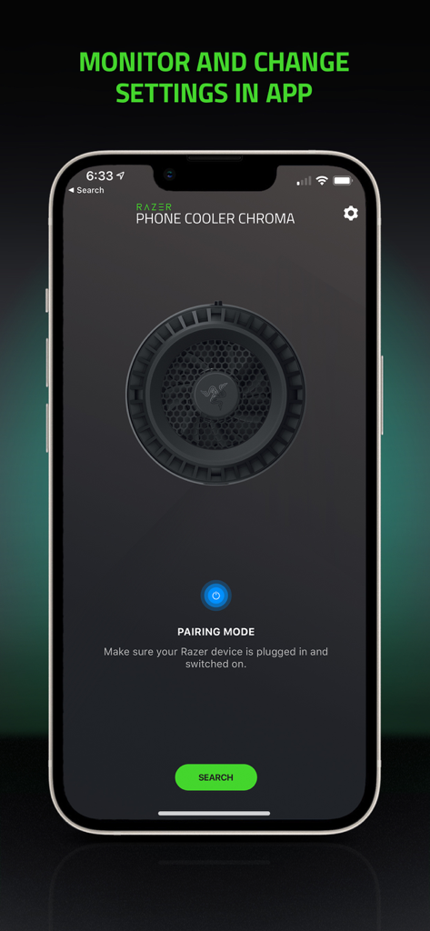 Razer Phone Cooler - Razer Phone Cooler Chroma app pairing screen showing a device search button