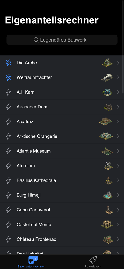 Eine Liste von Großen Gebäuden aus Forge of Empires, angezeigt in der FoE Rechner App-Oberfläche