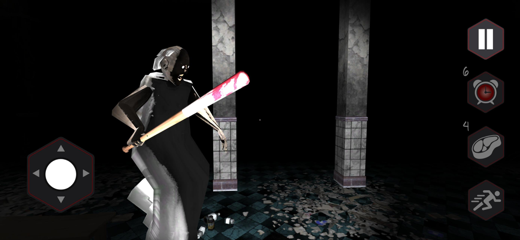 Scary Granny Nun Escape Game - Un personaje de monja aterradora sosteniendo un bate de béisbol ensangrentado en una casa embrujada oscura
