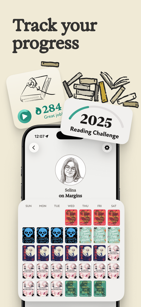 The Margins app interface showing a reading challenge progress bar and a calendar of tracked book covers