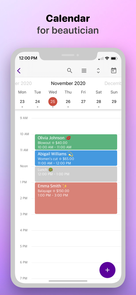 Beautician calendar - Kalenderansicht der mobilen App mit geplanten Beauty-Dienstleistungen und Kundennamen