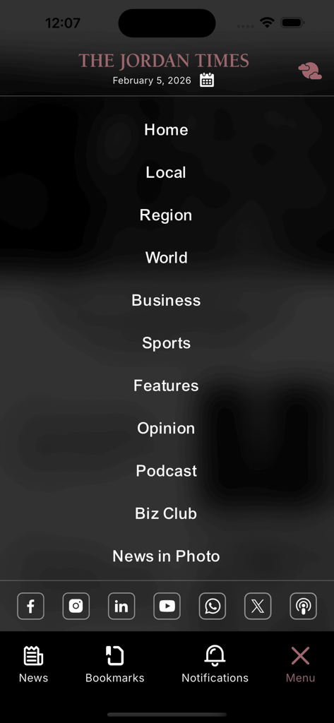 The Jordan Times - The navigation menu screen of The Jordan Times mobile app displaying news categories like Local, Region, World, and Business.