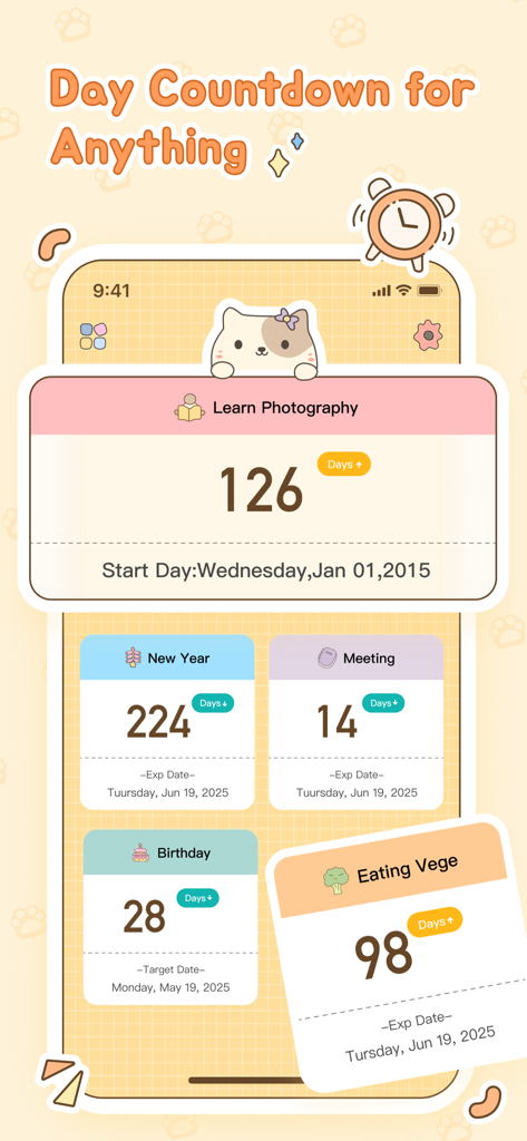 A cute and aesthetic mobile app interface showing countdown and count up cards for various events and habits