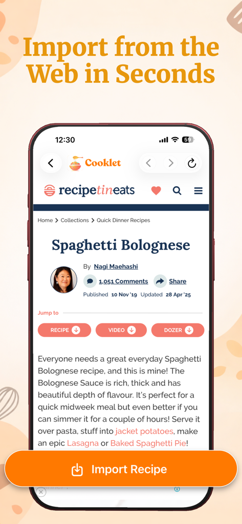 Recipe Keeper - Cooklet - Smartphone screen showing the Cooklet app importing a Spaghetti Bolognese recipe from a website
