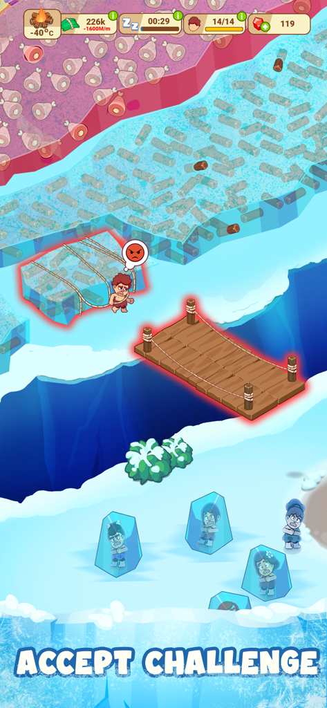 Icy Village: Survival Idle - Gameplay screenshot of Icy Village Survival Idle featuring a villager crossing a bridge in a snowy landscape with frozen characters and resource counters