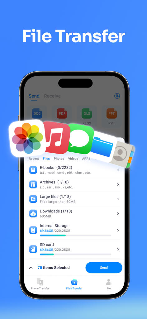 MobileTrans App-Oberfläche auf einem Smartphone, die Optionen zur Dateiübertragung für Fotos, Musik und Dokumente anzeigt