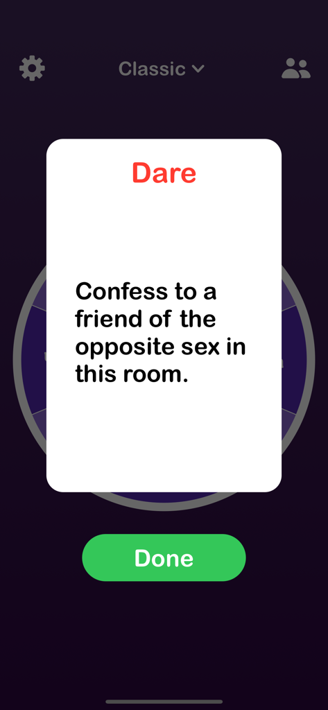 Truth or Dare: Fun Party Games - Um cartão de desafio do aplicativo Truth or Dare pedindo a um jogador para confessar algo a um amigo