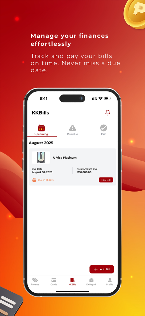 KasKasan Buddies mobile app interface showing the bill tracker screen with an upcoming credit card payment notification.