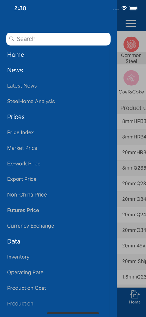 SteelHome - SteelHome app sidebar menu displaying categories for steel prices latest news and industrial data