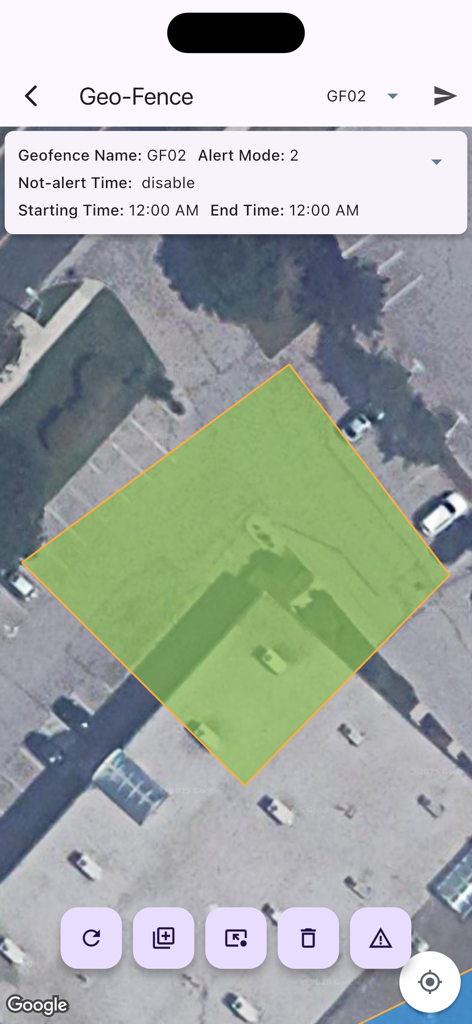 LocationNow - Vista de mapa satelital para configurar una geocerca en la aplicación LocationNow