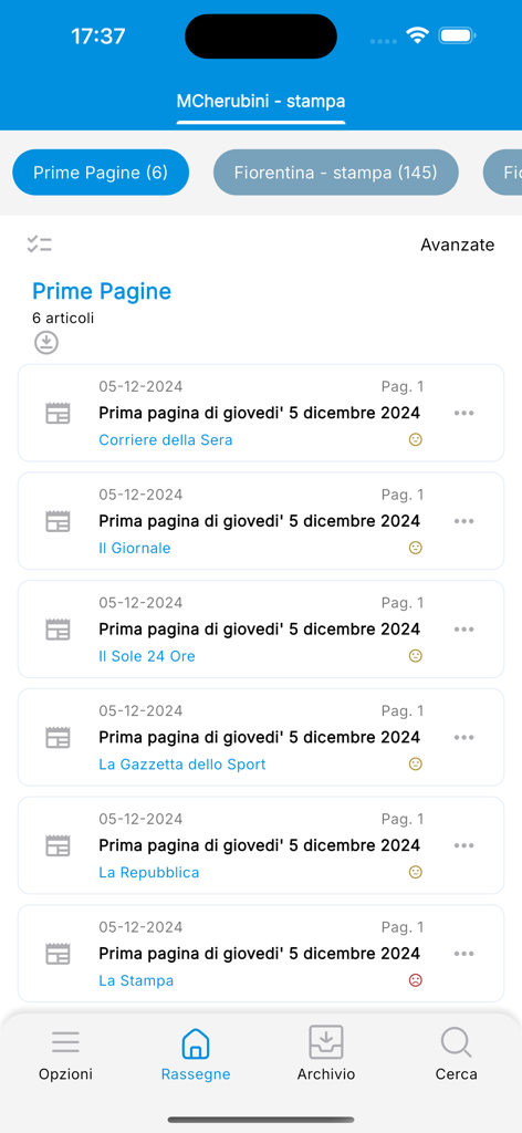 L'Eco della Stampa - Rassegna - Lista de portadas de periódicos italianos en la aplicación de monitoreo de medios L'Eco della Stampa.