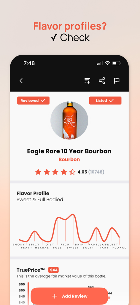 Distiller - Liquor Reviews - Captura de tela do aplicativo Distiller exibindo um gráfico de perfil de sabor e valor de mercado TruePrice para Eagle Rare 10 Year Bourbon.