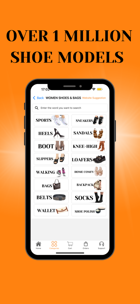 1 Click - To Shop - Mobile app interface displaying categories for shoes bags and accessories under a million shoe models banner