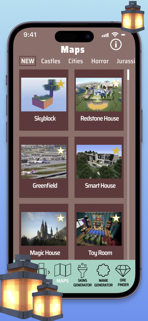 Addons and Ores for Minecraft - Una interfaz de aplicación móvil que muestra una selección de mapas personalizados de Minecraft, incluyendo Skyblock y Casa de Redstone.