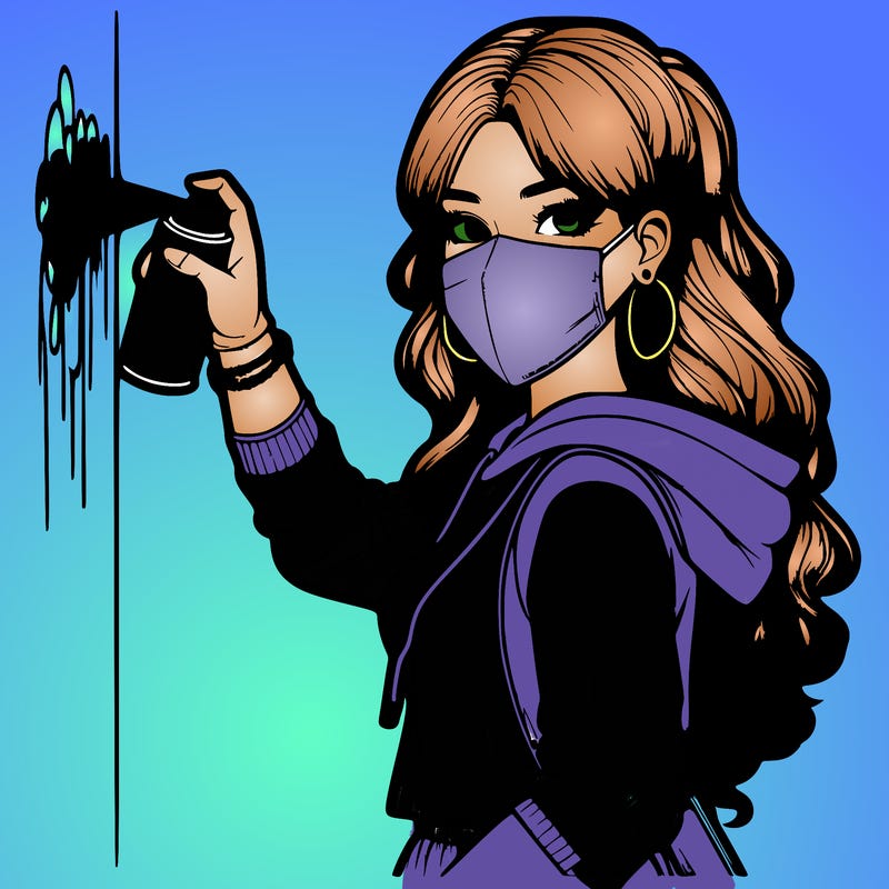 realistic girl with mask spray painting a wall