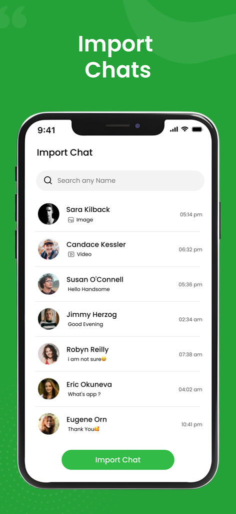 Status Saver - Status Download - Mobile app screen showing a list of contacts with profile pictures and message previews for importing chats.