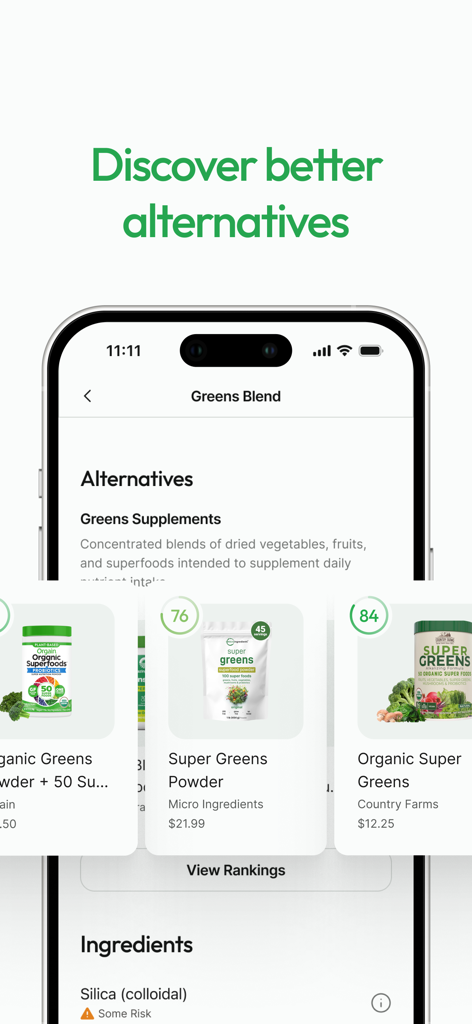 Prove It - Supplement Scanner - Screenshot der Prove It-App, der alternative Nahrungsergänzungsmittel und Produktbewertungen anzeigt.
