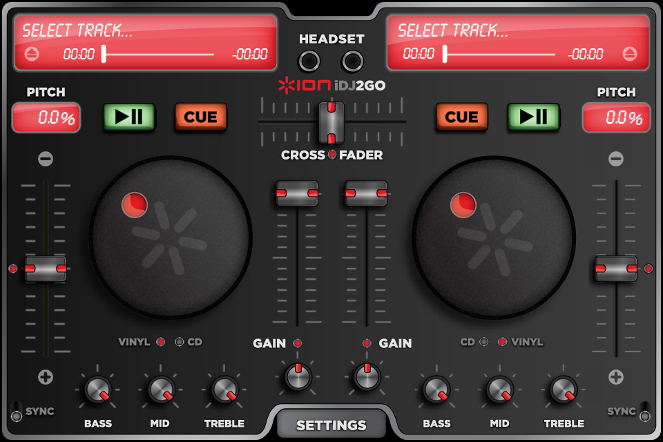 Interfaz de la aplicación iDJ2GO con dos platos y controles de mezcla.