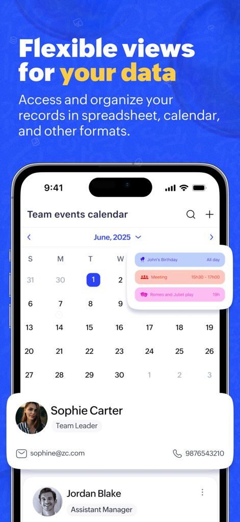 Calendar view in the Zoho Creator Customer Portal app showing team events and staff profiles.