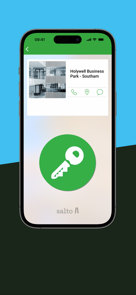 Smartphone displaying the JustIN Mobile app with a digital key button for office access