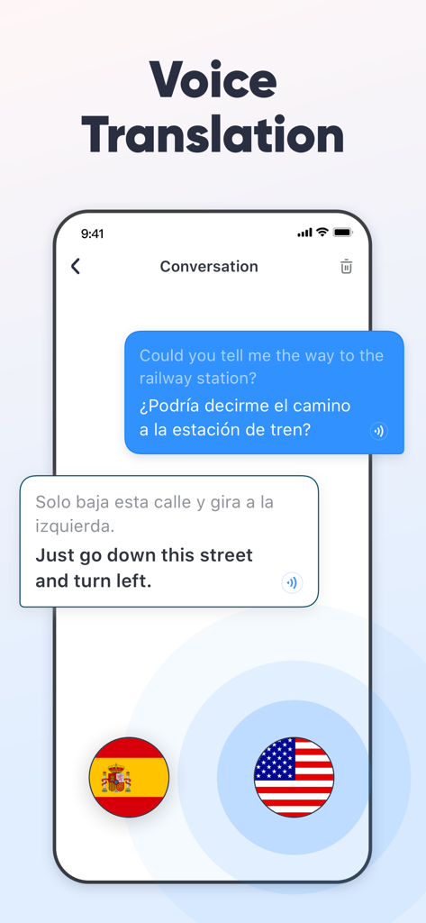 UDictionary Translator - Mobile app interface showing a voice translation conversation between English and Spanish