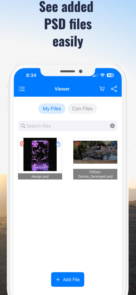 ビューアアプリにアップロードされたPSDファイルリストを表示するインターフェース