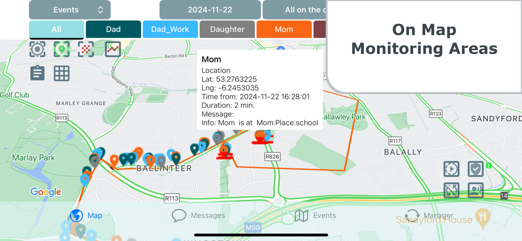 Be-Maps - Interfaz de la aplicación Be-Maps que muestra las ubicaciones de los miembros de la familia y áreas de monitoreo en un mapa