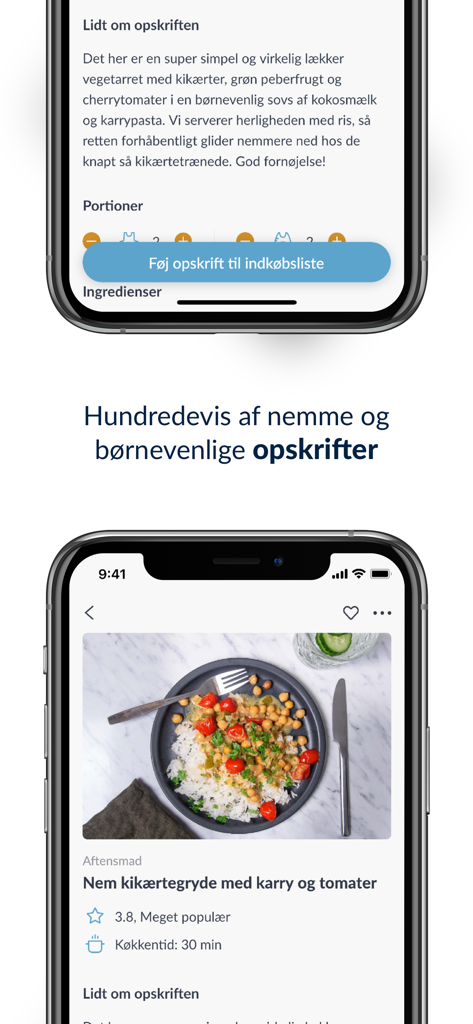 Mambeno: Madplan og opskrifter - Mambeno mobile app interface displaying a healthy chickpea stew recipe with an add to shopping list button.