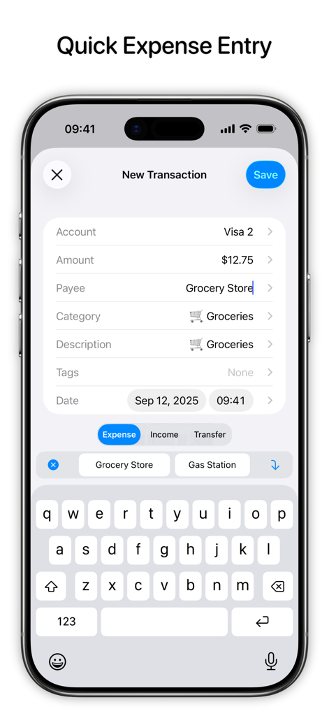 Tela de nova transação para entrada rápida de despesas no aplicativo Balance