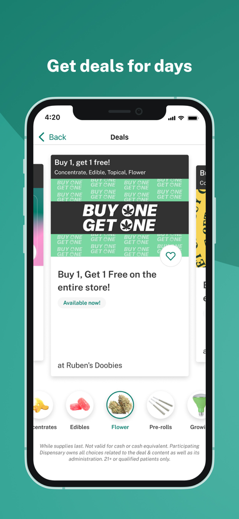 A mobile interface for the Leafly app showing a 'Buy 1, Get 1 Free' deal for a local dispensary.