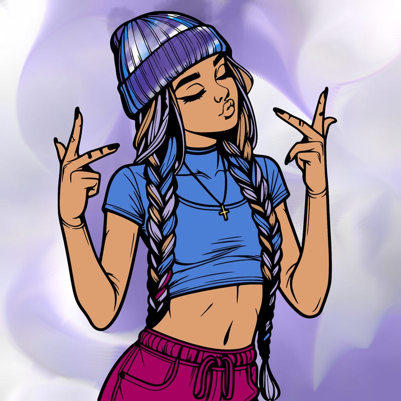 realistic teenage girl with braids and a beanie and crop top doing 🫶🏼