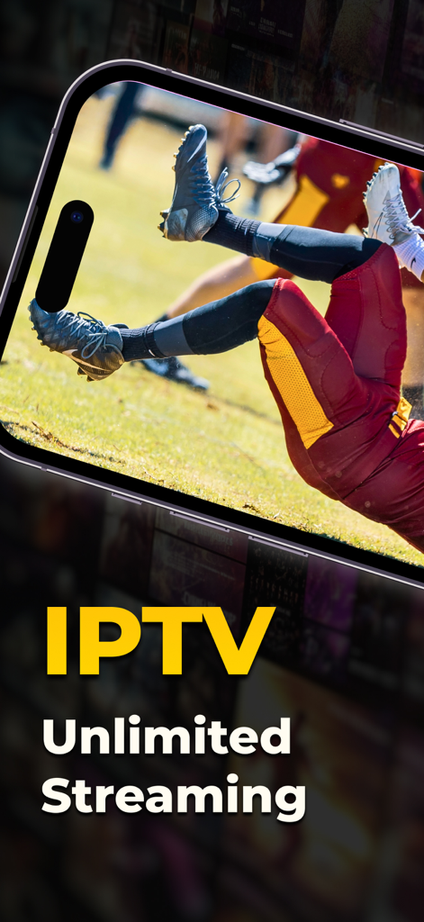 Ein Smartphone-Bildschirm, der ein Fußballspiel mit dem Text IPTV Unlimited Streaming anzeigt