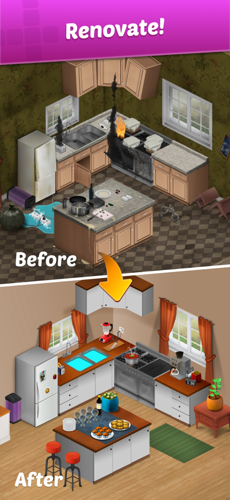 Un confronto prima e dopo di una ristrutturazione della cucina nel gioco Wordington