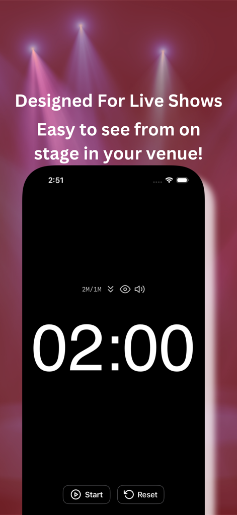 Stage Presence: Lite - Interfaz de la aplicación Stage Presence Lite que muestra un temporizador de alta visibilidad para actuaciones en vivo