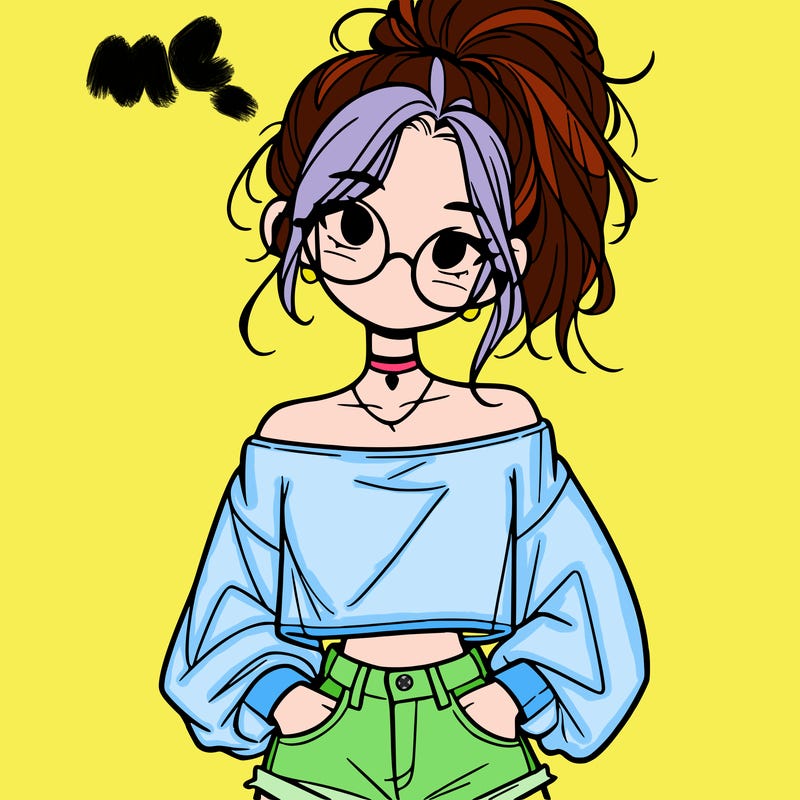 girl with a messy ponytail glasses a baggy crop top and jean shorts