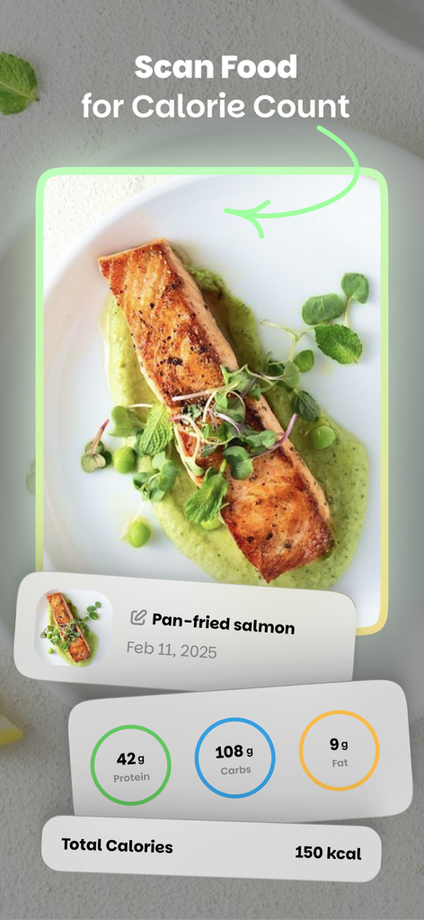 Wellify - Simplify Wellness - Wellifyアプリのスクリーンショット。サーモン料理をスキャンし、カロリーと栄養素の洞察を提供。