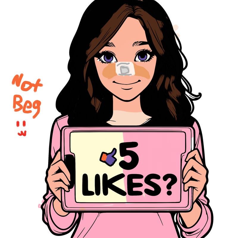 a realistic girl holding a sign saying 5 likes?