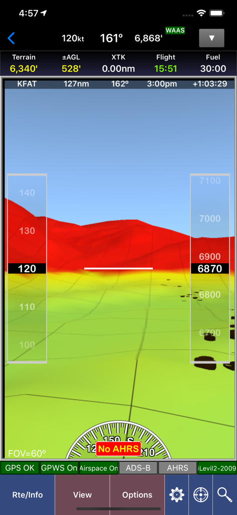 WingX app screenshot showing synthetic vision with 3D terrain mapping and flight instrument overlays