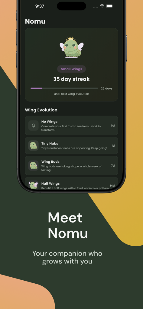 Nomu - Intermittent Fasting - Interfaz de la aplicación Nomu que muestra los niveles de evolución del personaje y una racha de ayuno de 35 días