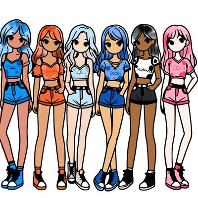 a group of girls wearing crop tops and shorts