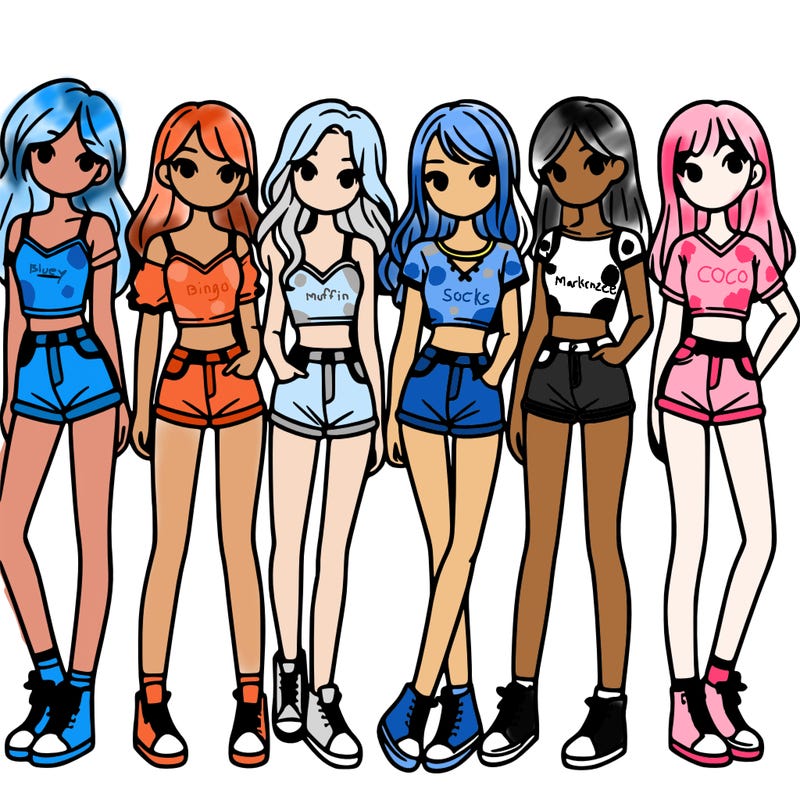 a group of girls wearing crop tops and shorts