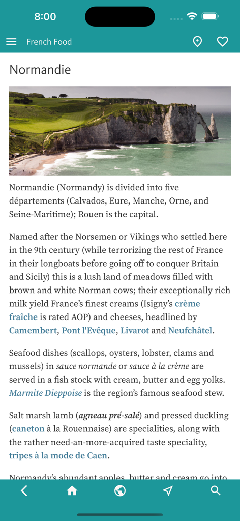 French Food Decoder - Una captura de pantalla de la aplicación French Food Decoder que muestra un artículo sobre las especialidades culinarias de la región de Normandía.